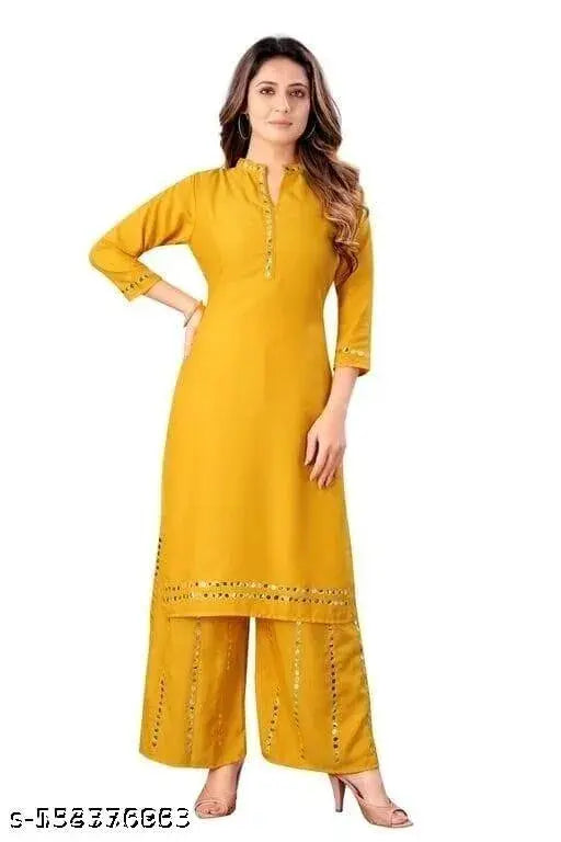 Embroidered rayon set for women, solid net palazzo with three-quarter sleeves. Indian embroidery on latest collection rayon kurta and bottomwear