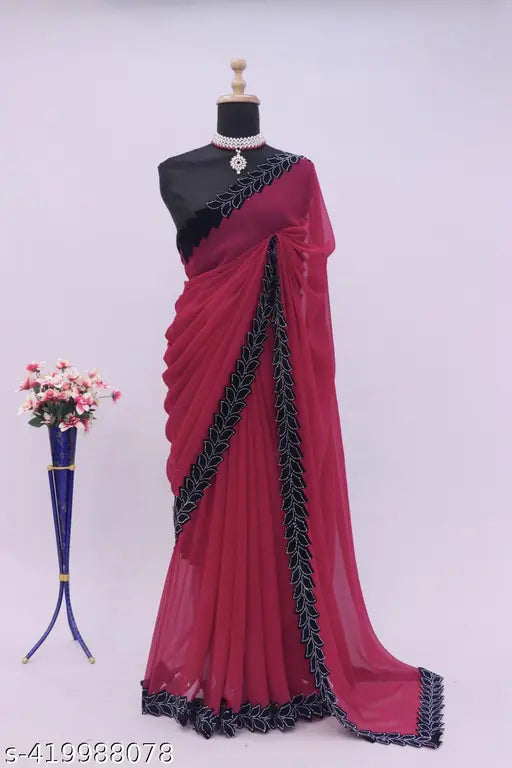 Red georgette sari with black embroidery, heavy party wear
