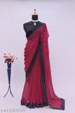 Red georgette sari with black embroidery, heavy party wear