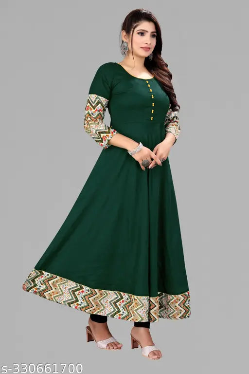 DARK GREEN rayon long-sleeved Anarkali Kurti, versatile Indian dress for office, daily use, and social gatherings