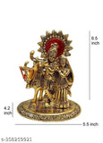 Metal Radhe Krishna standing figure with cow, traditional Indian Krishna idol on display