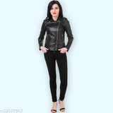 Black faux leather jacket for modern women, solid design, long sleeves, PREEGO trendy style