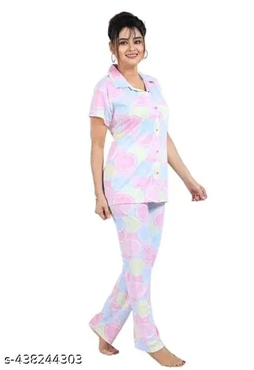 Pink Moshami printed satin women's night suit and top, front open night dress from India