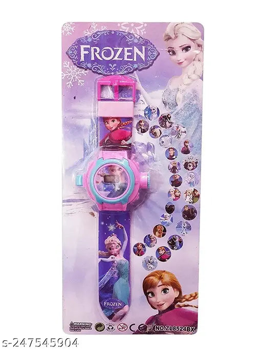 Purple Disney Frozen watch with blue digital display and multicoloured dial