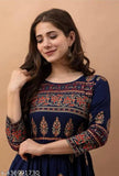 Blue rayon printed gown with three-quarter sleeves, new from India
