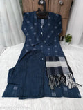 Cotton outfit with dupatta, blue and white checkered, sleeves rolled up