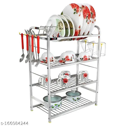 Stainless steel wall-mounted kitchen rack with 4 shelves, holding plates, glasses, and cutlery