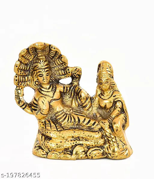 Gold Metal Idol of Laxmi Narayan on Sheshnag, Indian brass antique finish home decor