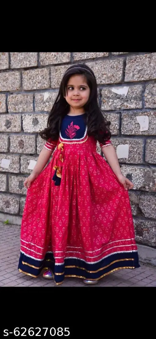 Pink rayon ethnic gown for girls, embroidered net three-quarter sleeves, pack of 1, Indian traditional wear