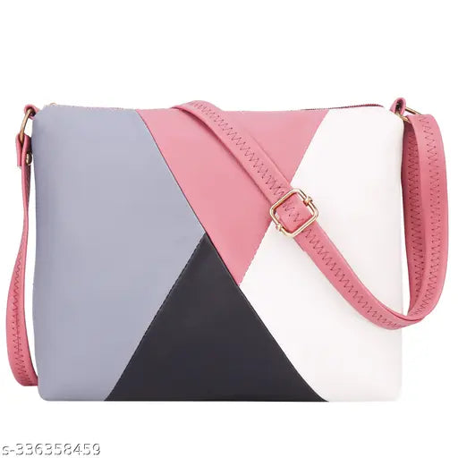 The image displays a multicolored sling bag, featuring a geometric design and two straps, presented against a pink backdrop. It's intended as a stylish accessory for girls and women