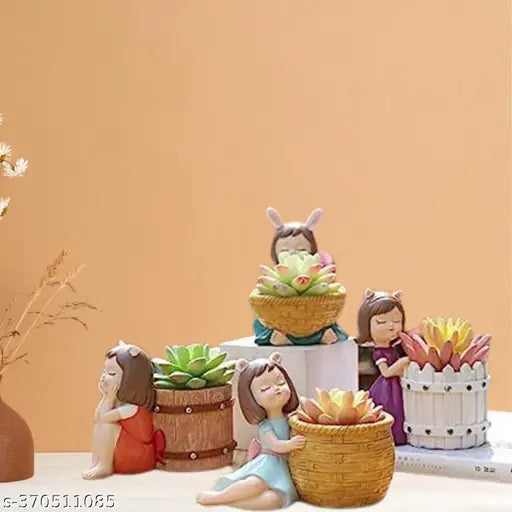 Resin basket-girl succulent planter set (4 pack), unique whimsical design, ideal for indoor or outdoor spaces