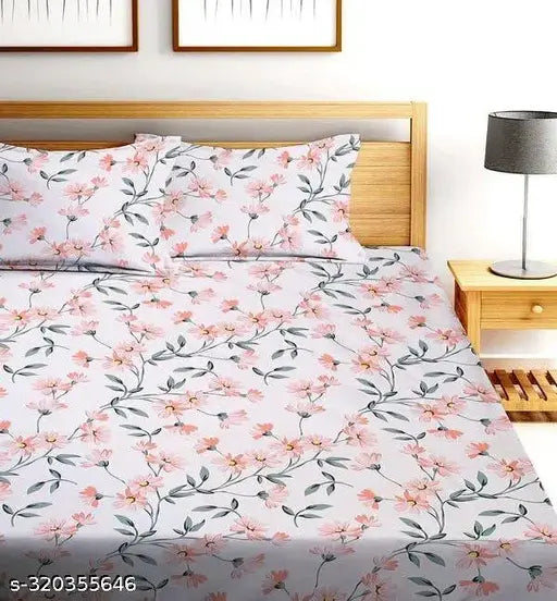 Printed 250 TC premium all-around elastic fitted double bed sheet with 2 large pillow covers, 78x72x8 inches - soft, breathable, and stylish cotton bedding for summer