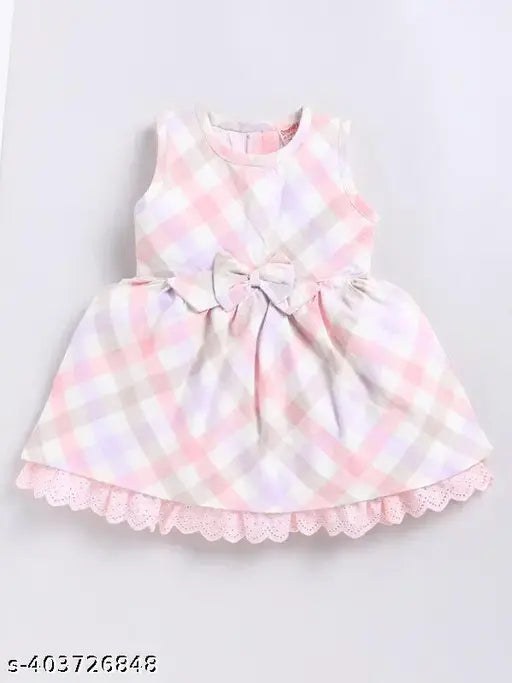 Cotton snuggly monkey checks print woven frock with lace, perfect for 6-18 month old babies