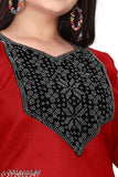 Red embroidered cotton-blend kurti for women, three-quarter sleeves, solid design, available in multiple sizes (XS - 5XL), Indian ethnic wear