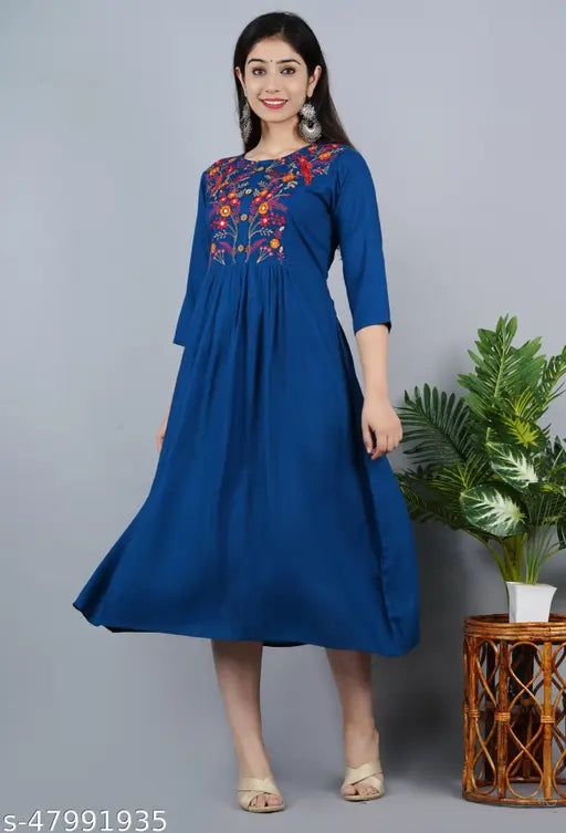 Rayon embroidered Anarkali kurti with 3/4 sleeves, beautiful Indian ethnic wear for women in various sizes