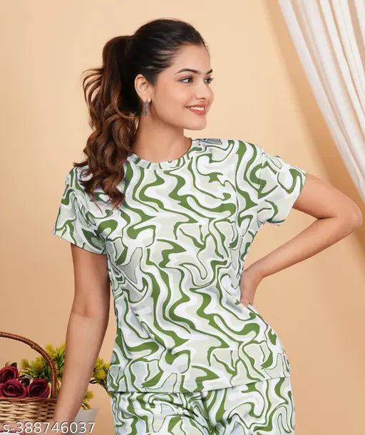 Women's printed cotton track suit night suit with ankle-length bottom, side pockets, and elasticated waist belt