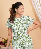 Women's printed cotton track suit night suit with ankle-length bottom, side pockets, and elasticated waist belt