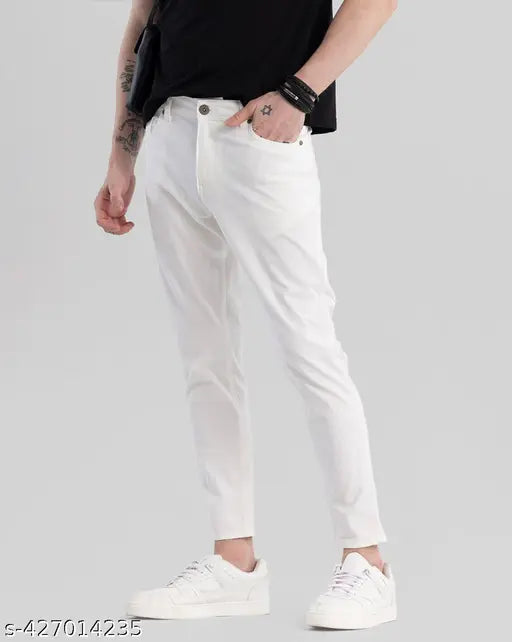 RusticBlooms Men's White Denim Jeans - Comfortable fit for casual and dressed-up outings. Quality denim, solid pattern, sizes 26, 28, 30, 32 (Waist: 26,30,32,34, Hip: 28,30,32,34), made in India