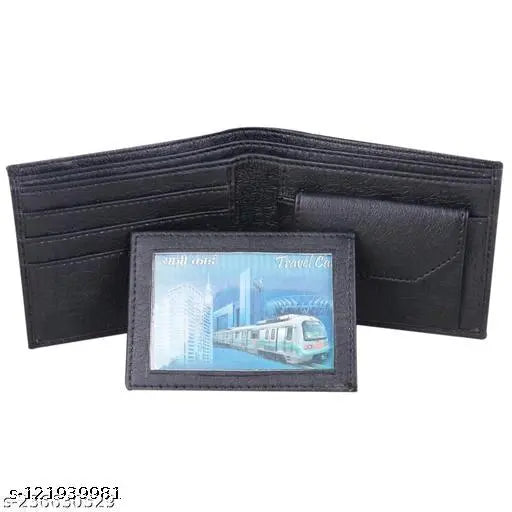 Black PU two-fold wallet for men & boys by TAQWA. Ultra-slim, stylish design with 5 compartments, perfect for daily use and fits in various trousers. Ideal gift for him, featuring ID holder, coin pocket, and two currency compartments. Made in India