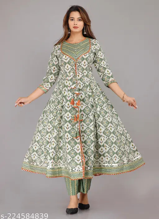 Printed pure cotton long anarkali kurta, three-quarter sleeves, Indian ethnic wear