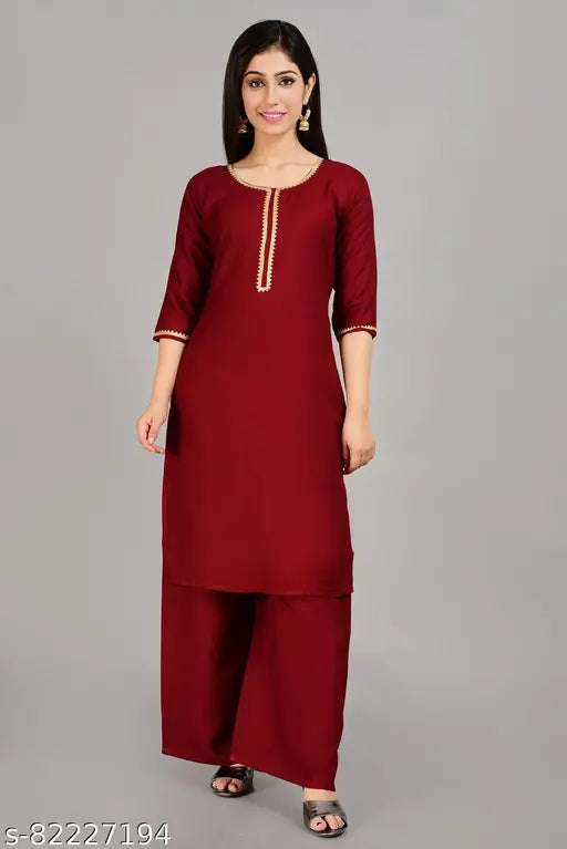 Maroon rayon kurta with palazzo set, three-quarter sleeves, solid design, India-origin fashion