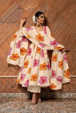 A vibrant, handloom Georgette Anarkali kurta pant set with matching dupatta, featuring an elegant neckline and intricate floral designs on a white background. The set is available in size S and XXL