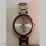 Silver watch with a white face, featuring a metal bracelet and black hands