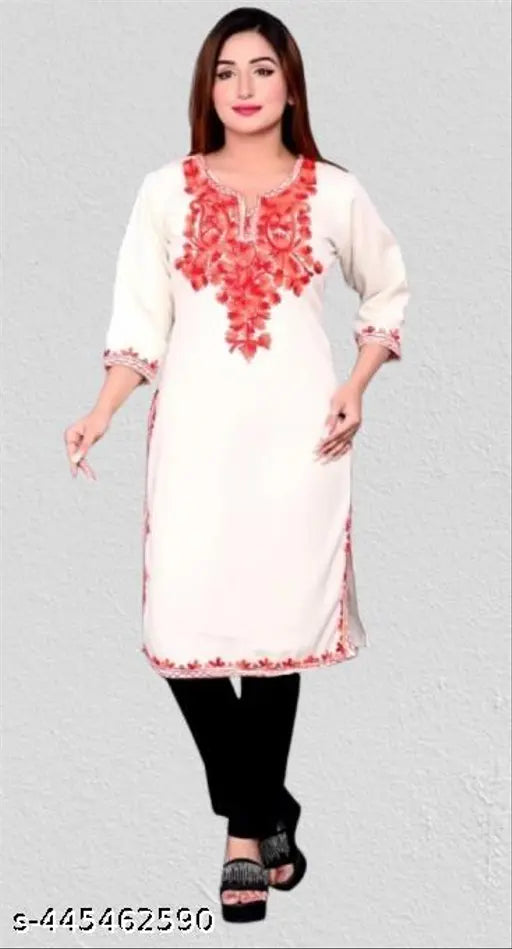 White woolen kameez with embroidered border and side pockets for women