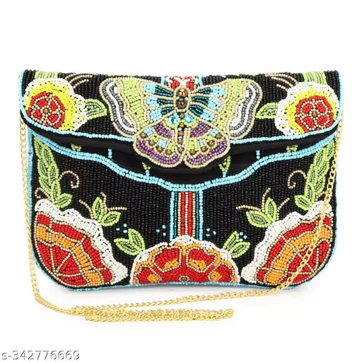 Designer black beaded clutch with butterfly accents, gold chain shoulder strap