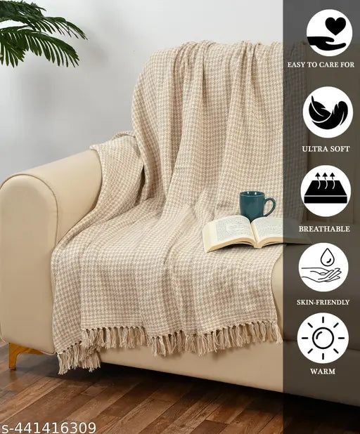 Beige extra fine plaid cotton sofa throw - Ethnic motifs, luxurious and cozy, country of origin India
