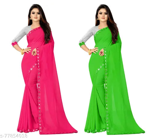Pink, green, and blue ombre georgette saree with intricate embroidery