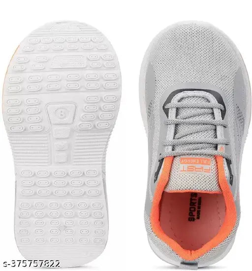 Kids grey running shoes, synthetic & PVC sole, ideal for boys and girls, lace-up design, textured net insole, available in various sizes (4-5yrs, 5-6yrs, etc.) Made in India