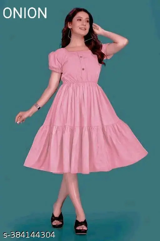 Pink ruffled sleeveless midi dress with round neckline