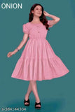 Pink ruffled sleeveless midi dress with round neckline