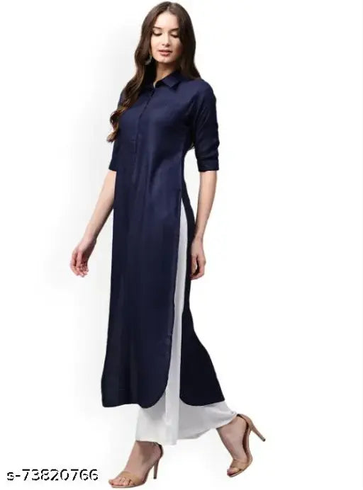 Rayon solid kurta and palazzos, navy blue and white, Indian ethnic wear for women with short sleeves, shirt collar, curved hem, side slits, and one pocket on the palazzo
