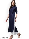 Rayon solid kurta and palazzos, navy blue and white, Indian ethnic wear for women with short sleeves, shirt collar, curved hem, side slits, and one pocket on the palazzo