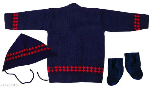 Woolen unisex baby sweater with long sleeves and embroidered net pattern. Soft, warm clothing for infants (0-3 months, 6-9 months), Indian origin