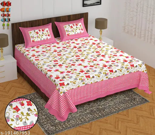White & Pink double pure cotton Jaipuri floral bedsheets set with 2 pillow covers, ideal for summer