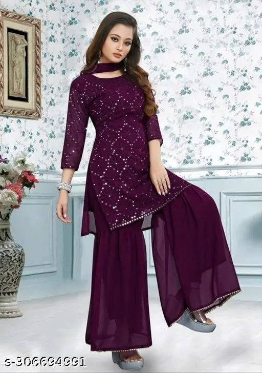 Georgette sequence work kurta set with dupatta and sharara, sleeveless, embroidered, Indian women's fashion for parties or weddings