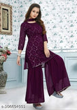 Georgette sequence work kurta set with dupatta and sharara, sleeveless, embroidered, Indian women's fashion for parties or weddings