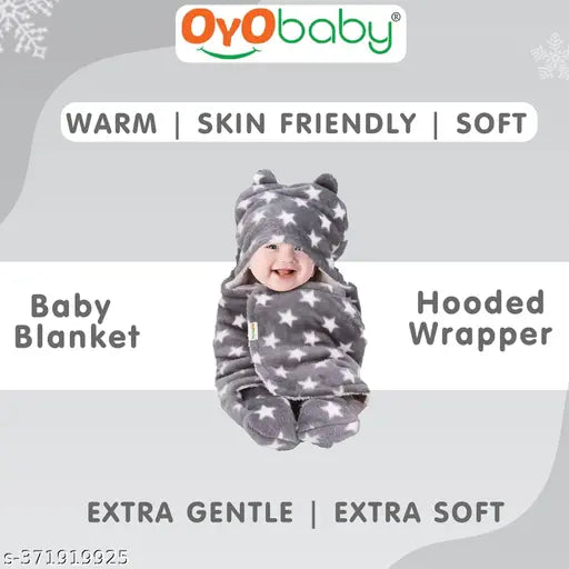 Premium star-printed fleece hooded baby blanket for 0-6 months, ideal for mild winter, soft texture, easy to wrap