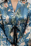 Blue printed pattern long-sleeve V-neck women's night suit shirt & pyjama set, satin fabric for comfort lounge wear