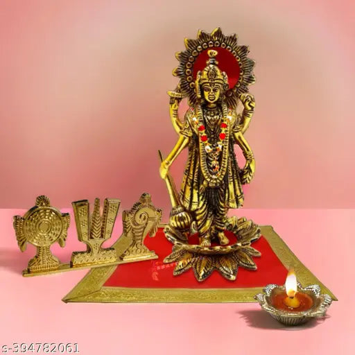 Gold-toned Bhagwan Vishnu idol, Tirupati temple style, Lotus Flower design, Shankh Chakra motif, with Diya and Aluminium tabletop, set on red velvet carpet, Puja Chowki, Aasan Moti Mala for Satya Narayan Vrat Katha, Ekadashi Car Dash Board, Diwali Home Temple, Holi Kartik decoration