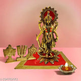 Gold-toned Bhagwan Vishnu idol, Tirupati temple style, Lotus Flower design, Shankh Chakra motif, with Diya and Aluminium tabletop, set on red velvet carpet, Puja Chowki, Aasan Moti Mala for Satya Narayan Vrat Katha, Ekadashi Car Dash Board, Diwali Home Temple, Holi Kartik decoration
