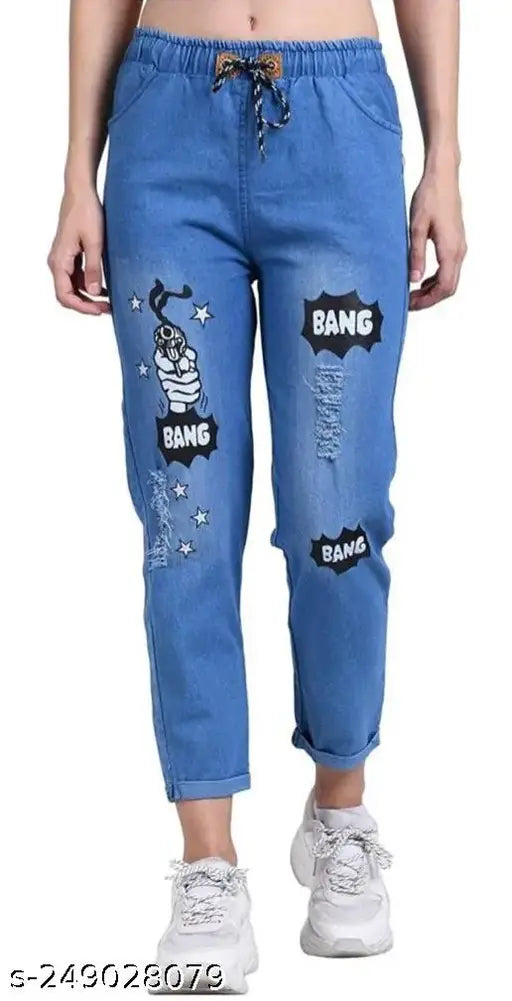 Stylish printed bang bang denim jogger for women - light, high-quality Indian-made jeans with distinctive graphic print on waist