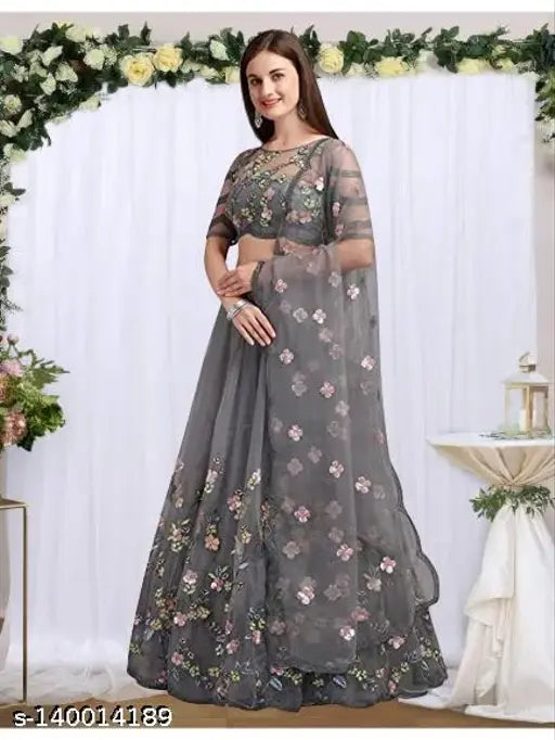Embroidered grey lehenga choli set on mannequin, Indian semi-stitched net fabric with floral embroidery