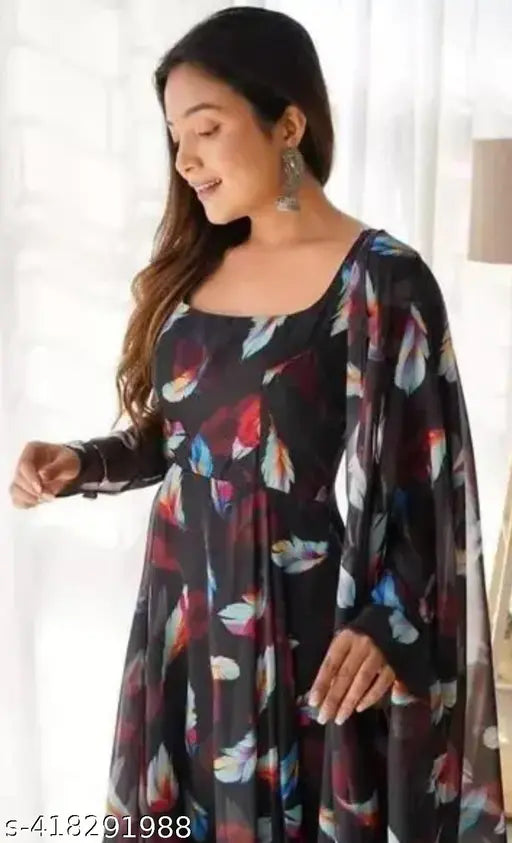 Designer georgette gown with organza dupatta, printed net, three-quarter sleeves, India-made women's formal wear