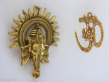 Golden embossed Bhavya Art Ganesha Surya Chakra wall hanging, intricately carved with Vedas at Om, traditional decorative showpiece for home or office