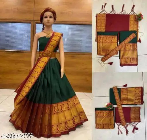 Art silk lehenga choli set, free size, sleeveless, zari woven, unstitched. Perfect for girl's special occasions