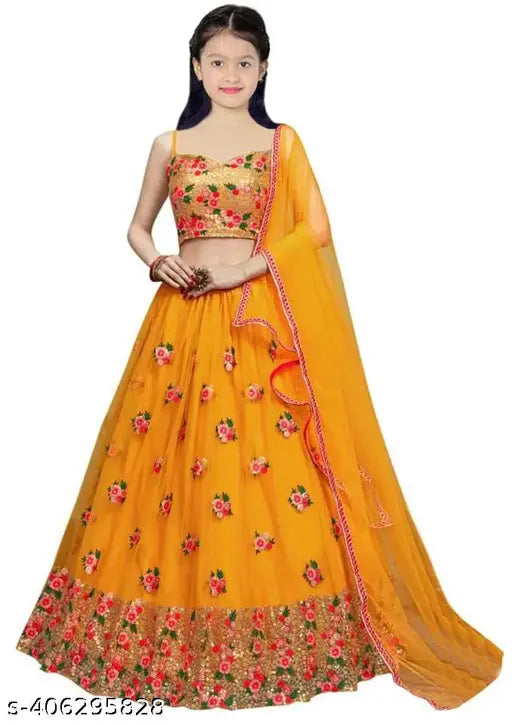 Embroidered net lehenga choli and dupatta set for girls, Indian party wear